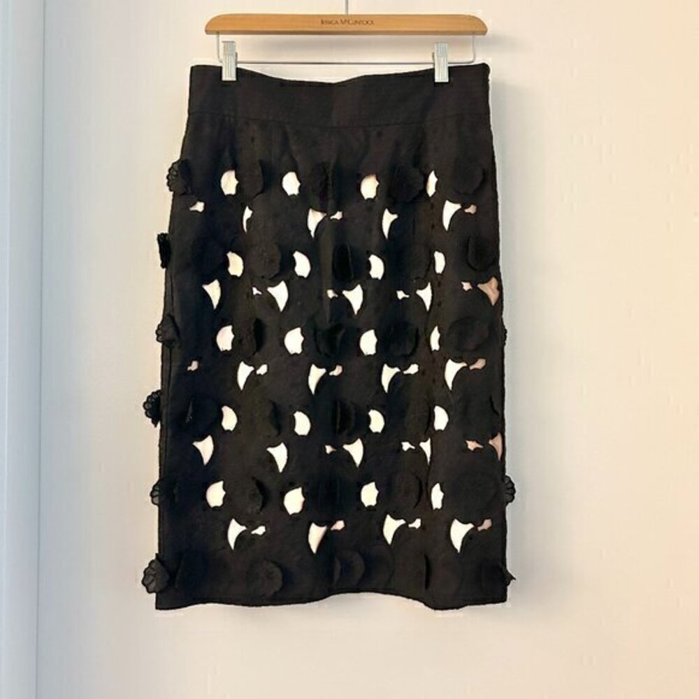 Catherine Malandrino Floral Lace Cut Out Black Pencil Midi Skirt Size 10